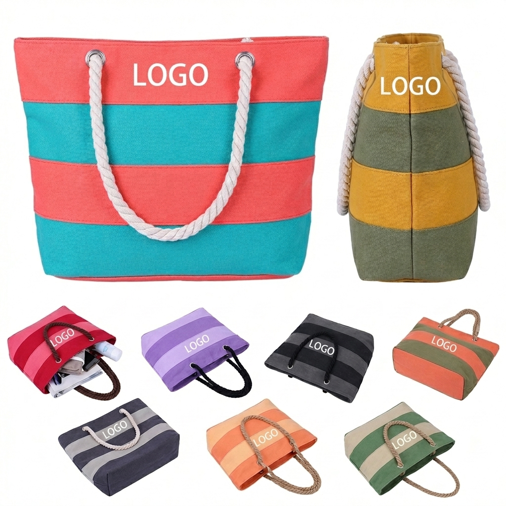 Custom Print Striped Canvas Open-Top Promo Tote