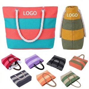 Custom Print Striped Canvas Open-Top Promo Tote